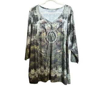 Avenue Tunic Top Women 26 28 Multicolor Paisley Print Boho V Neck Stretch Blouse